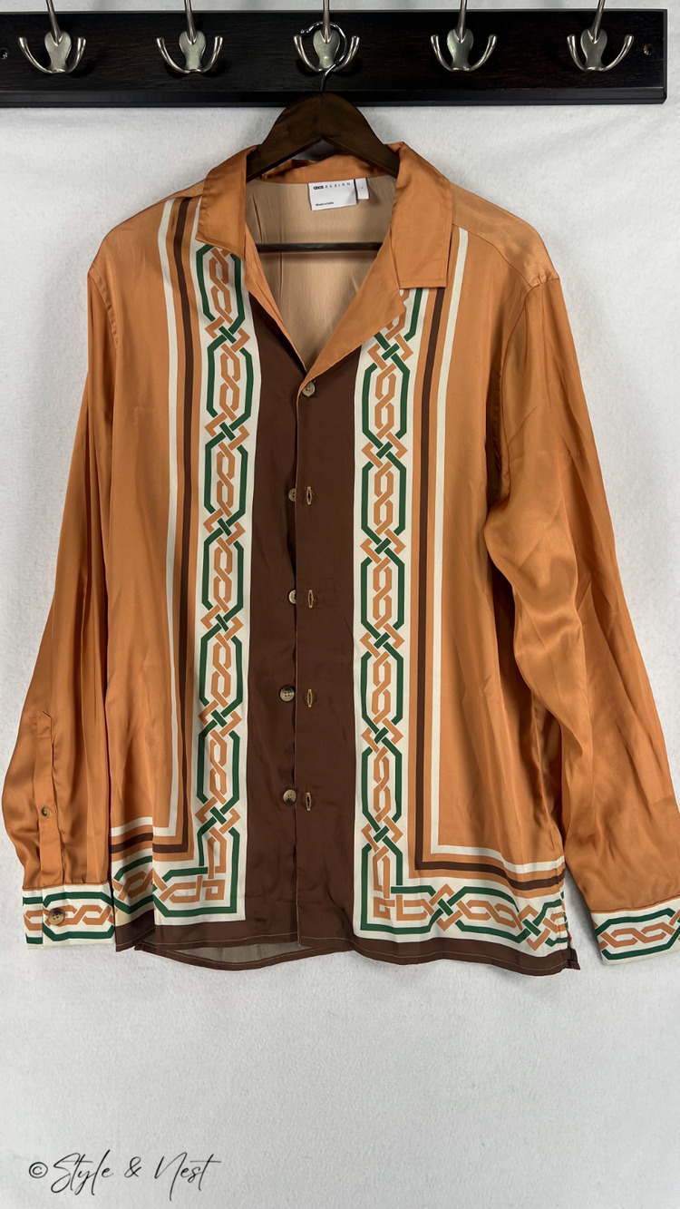 ASOS Mens Satin Button Up Shirt Aztec Geometric Formal Retro